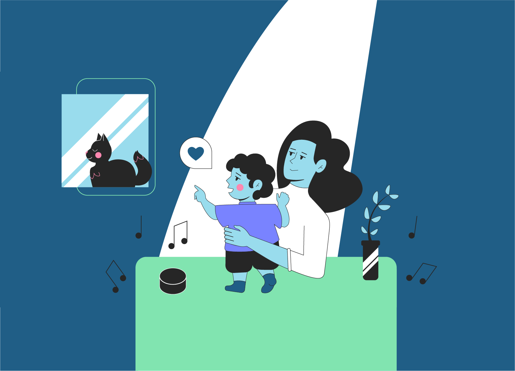 Spring feeling baby branding care cat character design concept corporate flat corporate memphis flat art flat design hug illustration kitty music newsletter smart speaker speaker stilyzed toddler woman