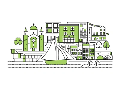 Galway city cityscape coast digital europe galway green ireland irish line mural sail shamrock ship skyline