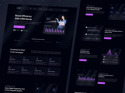 CRM Landing Page animation animation b2b b2c bento campaigns crm dark email landing pages management marketing motion graphics pipeline saas marketing site solopreuners startup vektora website b2b website dark website saas