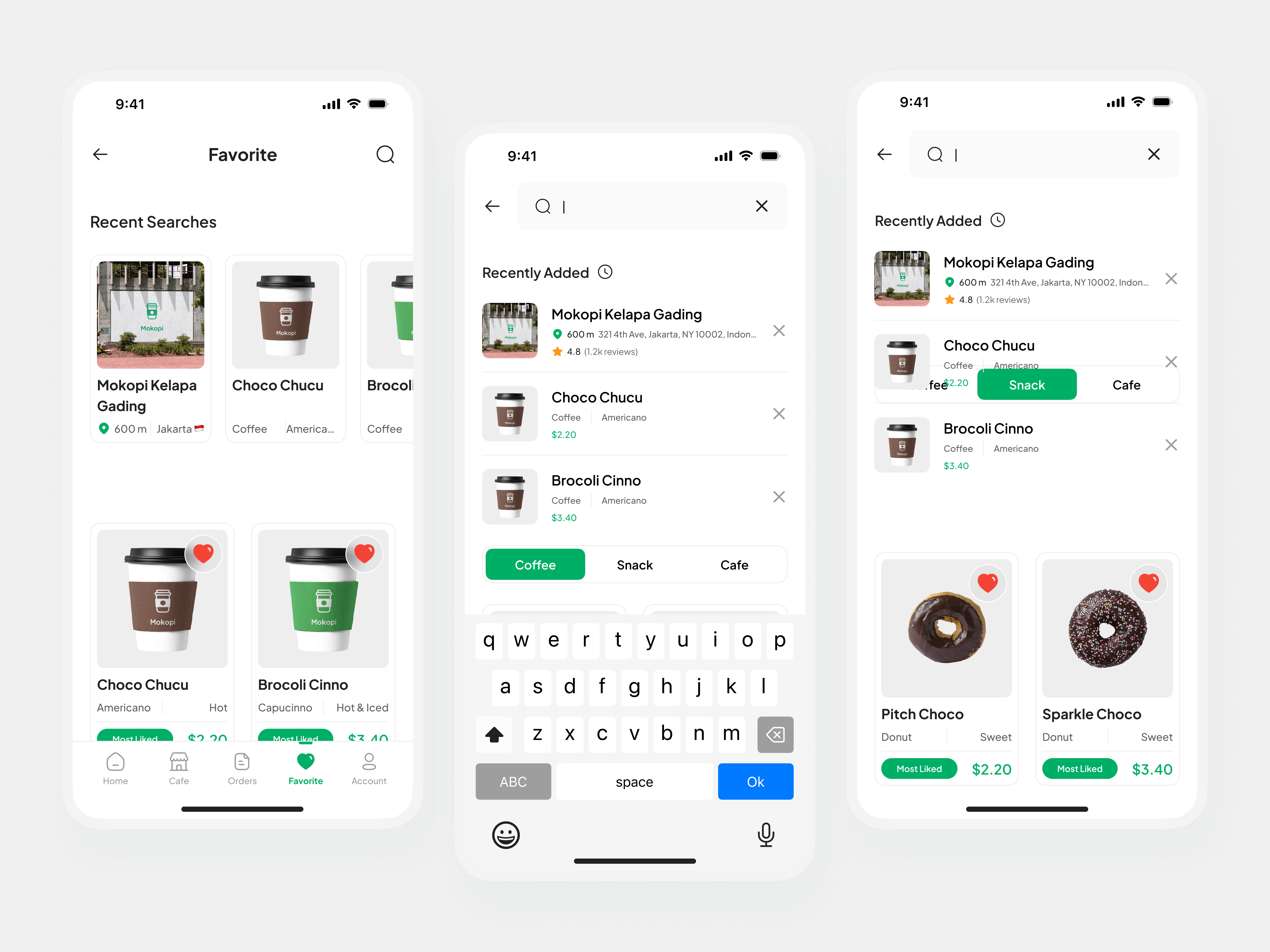 Mokopi - Favorite, Recently Added, Search flow | Mobile UI Kit ai agent brand identity branding clean dashboard delivery e commerce explore minimalist mobile online business product design saas shopping cart travel trend ui web web3 website