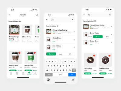 Mokopi - Favorite, Recently Added, Search flow | Mobile UI Kit ai agent brand identity branding clean dashboard delivery e commerce explore minimalist mobile online business product design saas shopping cart travel trend ui web web3 website