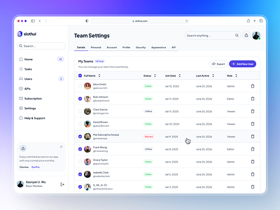 slothUI - World's Laziest Design System - Settings Dashboard UI clean ui design system figma gradient minimal modern ui setting dashboard setting ui settings dashboard settings ui slothui soft ui tab ui table ui table ui design team settings ui team ui ui ui design ui kit