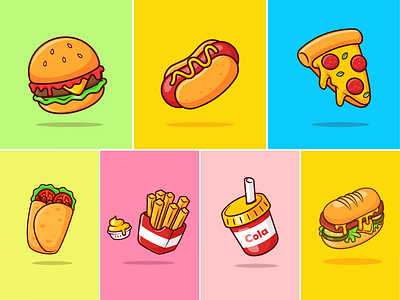 Fast Food Icons🍔🌭🍕 beef branding bread burger cheese doodle fast food food hotdog icon illustration logo menu pizza potato restaurant sauce sausage vector vegetables