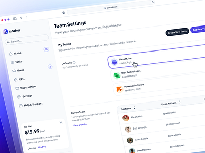 slothUI - World's Laziest Design System - Team Settings UIUX clean dashboard dashboard design dashboard ui design system gradient modern purple setting dashboard setting ui settings settings dashboard settings ui slothui soft table ui team settings ui ui ui design ui kit