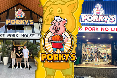 Porky's Logo Restaurant animallogo brand brandidentity branding cartoonlogo fnb graphic design logo logodesign mascotlogo porkys