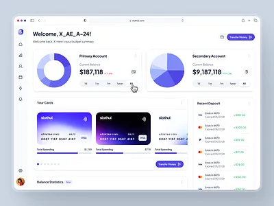 slothUI - World's Laziest Design System - Finance Dashboard UIUX banking app banking dashboard budgeting dashbaord chart ui clean credit card ui dashboard dashboard design design system finance app finance dashbaord fintech app fintech dashboard gradient minimal modern purple soft ui ui design