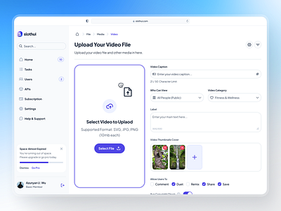 slothUI - World's Laziest Design System - Video Upload Form UIUX blue clean dashboard dashboard design dashboard ui design system file upload dashboard file upload ui gradient minimal modern slothui soft text input ui ui design ui kit upload dashboard upload file ui upload form ui upload ui