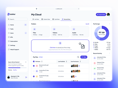 slothUI - Design System for Gen Z - File Manager Dashboard UI chart ui clean dashboard dashboard design dashboard ui design system file management dashboard file manager file manager dashboard file manager ui file upload gradient minimal purple slothui soft table ui ui ui dashboard ui kit