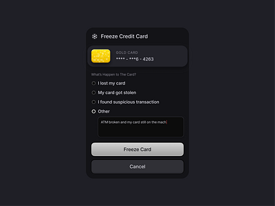 Freeze Credit Card ❄️ block button card clean credit darkmode dashboard design finance fintech freeze icon illustration interface minimal saas simple temporary ui web