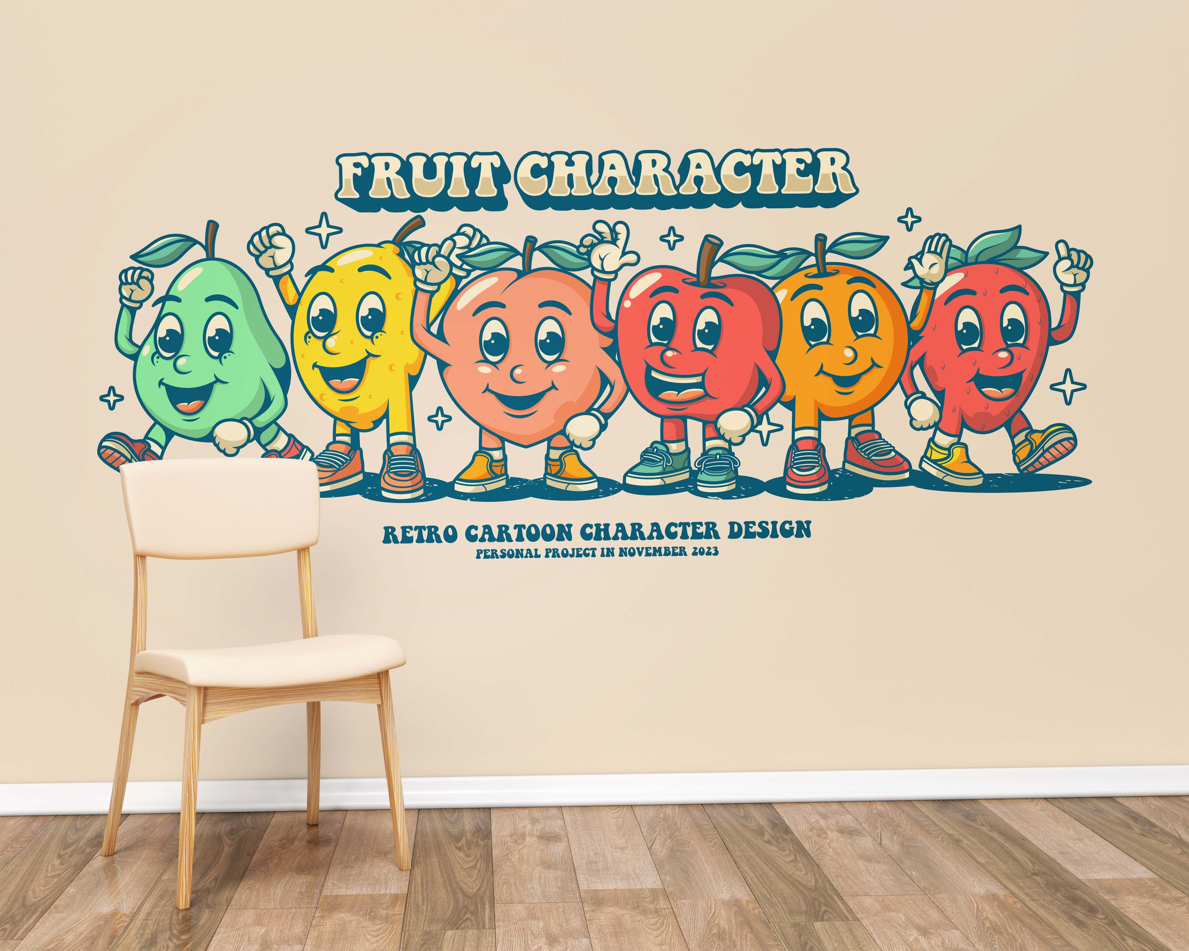 Fruit Cartoon Characters animation aple cartoon character classic cartoon fruit cartoon fruit character fruit mascot lemon logo mascot character mascot logo orange peach pear retro retro cartoon shirt strawberry t shirts