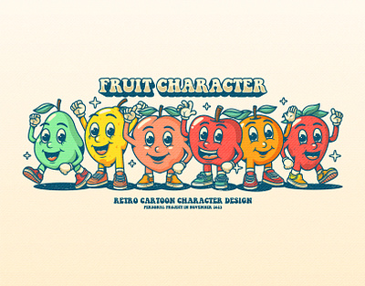 Fruit Cartoon Characters animation aple cartoon character classic cartoon fruit cartoon fruit character fruit mascot lemon logo mascot character mascot logo orange peach pear retro retro cartoon shirt strawberry t shirts