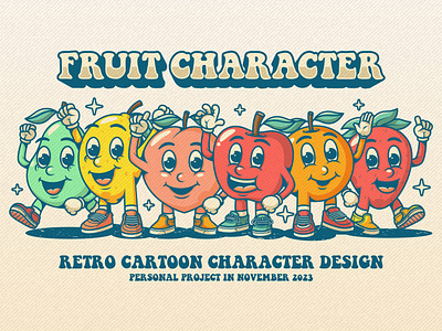 Fruit Cartoon Characters animation aple cartoon character classic cartoon fruit cartoon fruit character fruit mascot lemon logo mascot character mascot logo orange peach pear retro retro cartoon shirt strawberry t shirts