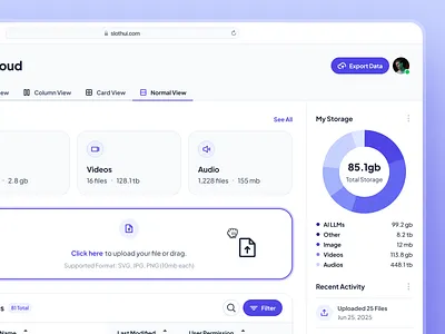 slothUI - World's Laziest Design System - File Manager Dashboard chart ui clean dashboard dashboard design dashboard ui design system drag and drop ui file management dashboard file management ui file manager dashboard file manager ui file upload file upload ui minimal modern purple soft ui ui kit video upload ui