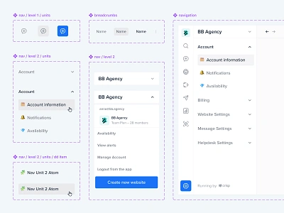 Crisp - CRM Modular Navigation account information atomic bb agency crisp crm dashboard design system dropdown intuitive minimal modular navigation product design settings sidebar ui user experience user interface ux variants