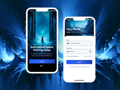 Habits app android app app design blue branding epic futuristic graphic design habits app illustration ios app log in onboarding tracker app ui ux vector