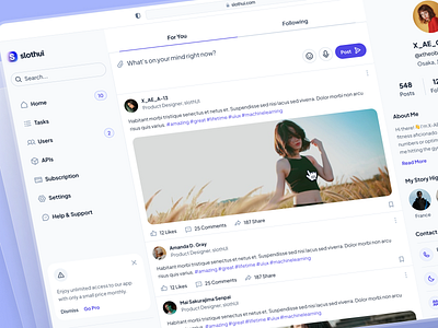 slothUI - World's Laziest Design System - Social Media Feed UIUX clean dashboard dashboard design dashboard ui design system gradient minimal modern purple slothui social media social media dashboard social media feed social media post social media post ui social media ui soft twitter ui ui ui kit