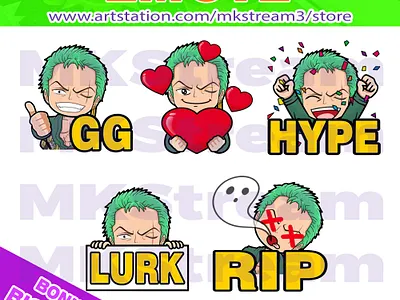 Emotes one piece chibi zoro rip, gg, lurk, love & hype pack animated emotes anime chibi cute design emotes gg hype illustration love lurk one piece one piece emotes pirates rip roronoa zoro sub badge twitch emotes zoro zoro emotes