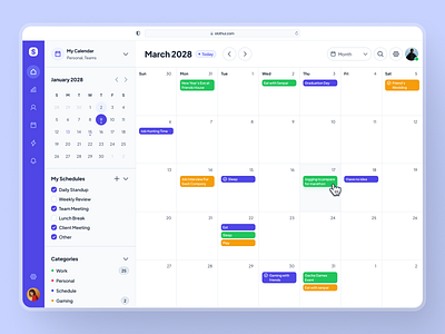 slothUI - World's Laziest Design System - Calendar App Dashboard appointment calendar appointment dashboard calendar calendar app calendar dashboard calendar ui clean dashboard dashboard design dashboard ui minimal modern planner dashboard purple scheduling dashboard scheduling ui slothui soft ui ui design