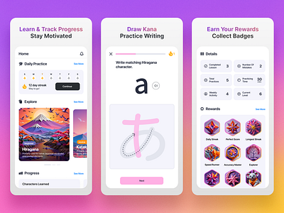 Easy Kana Japanese Learning App android badges calendar drawingtool flat hiragana ios iphone japaneselearning kana katakana languageapp mobileapp progress rewards statistics streak tracking uidesign uxdesign