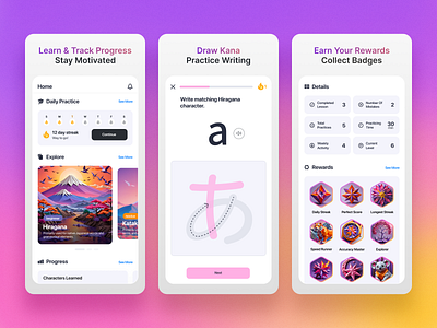 Easy Kana Japanese Learning App android badges calendar drawingtool flat hiragana ios iphone japaneselearning kana katakana languageapp mobileapp progress rewards statistics streak tracking uidesign uxdesign