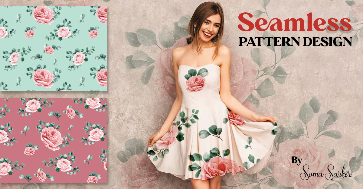 Seamless Pattern Design branding cliient design dress graphic design illustration leaf mockup olive outfit pattern peach photoshop red repeated design rose seamless pattern soma sarker thumnail vector