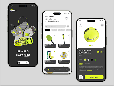 Zero - Sports Equipment App 🏸🏓🎾 branding clean graphic design green grey logo minimalist mobile app ui ux white