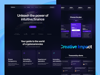 Radiance — Crypto Landing Page app bitcoin blockhain crypto cryptocurrency currency dark theme design fintech invest investment landing page metaverse trading ui ui ux ux web design web3 website