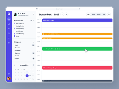 slothUI - World's Laziest Design System - Calendar App Dashboard appointment app calendar app calendar dashboard calendar ui clean dashboard design dashboard ui design system minimal modern plann ui planner app planner dashboard purple scheduling app scheduling dashboard slothui soft ui design ui kit