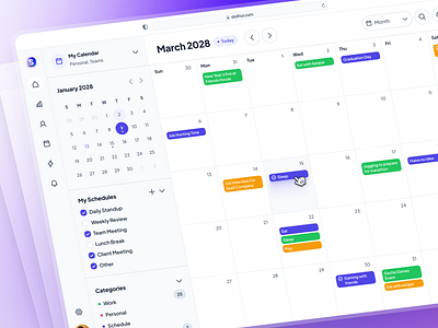 slothUI - World's Laziest Design System - Calender App Dashboard appointment app appointment dashboard calendar calendar app calendar dashboard calendar ui clean date picker ui date ui design system gradient minimal planer dashboard planner app purple scheduling app slothui soft ui design ui kit