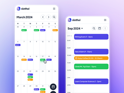 slothUI - World's Laziest Design System - Mobile Calendar App UI appointment app appointment ui calendar calendar app calendar ui clean date ui design system gradient ios app minimal mobile app mobile ui planner app planner ui purple scheduling app soft ui ui design