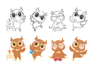 Character design for a children's center animals character development emotion illustration owl