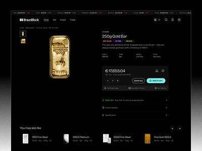 BraunBlock - Product Page e commerce ecommerce ecommerceproduct ecommerceuiux ecommercewebsite gold bar invest investment platinum preciousmetals product page tradetrading uiux
