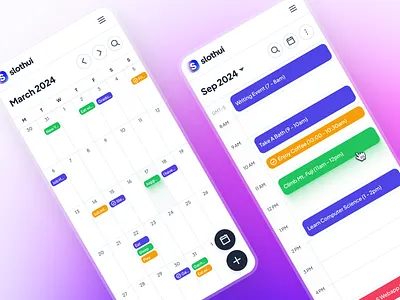 slothUI - World's Laziest Design System - Calendar App Mobile UI appointment ui calendar calendar app calendar mobile app calendar ui clean date ui design system gradient ios app minimal mobile app mobile ui modern planner ui purple scheduling ui slothui soft ui kit