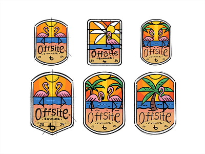 Badge Offsite adventure badge beach branding design flamingo graphic design icon icon set illustration letters logo resort summer summertime travel tropical typo vacation vector
