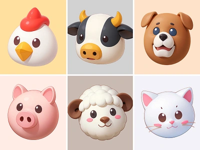 Cute Animal Icon Cartoon Illustration 3d animals cartoon cat chicken cow cute design dog farm icon illustration mascot pastel pig rendering sheep