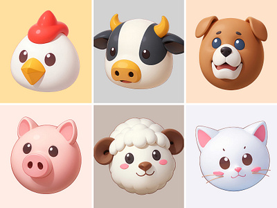 Cute Animal Icon Cartoon Illustration 3d animals cartoon cat chicken cow cute design dog farm icon illustration mascot pastel pig rendering sheep