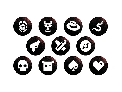 Outgunned icons action bullet circle creative devil dice exploration game grail hat heart icon logo outgunned rpg shape skull snake symbol weapon