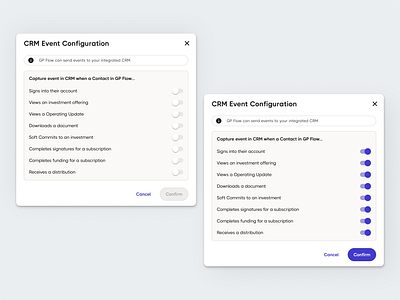 CRM Configuration Modal buttons card clean components design design system investment minimal modals online investment panel pop up product design product modals real estate saas ui ui elements web web modals