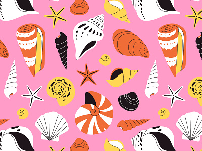 Sea shell pattern beach branding bright cartoon concept design flat illustration marine ocean pattern pink sea shell summer vector
