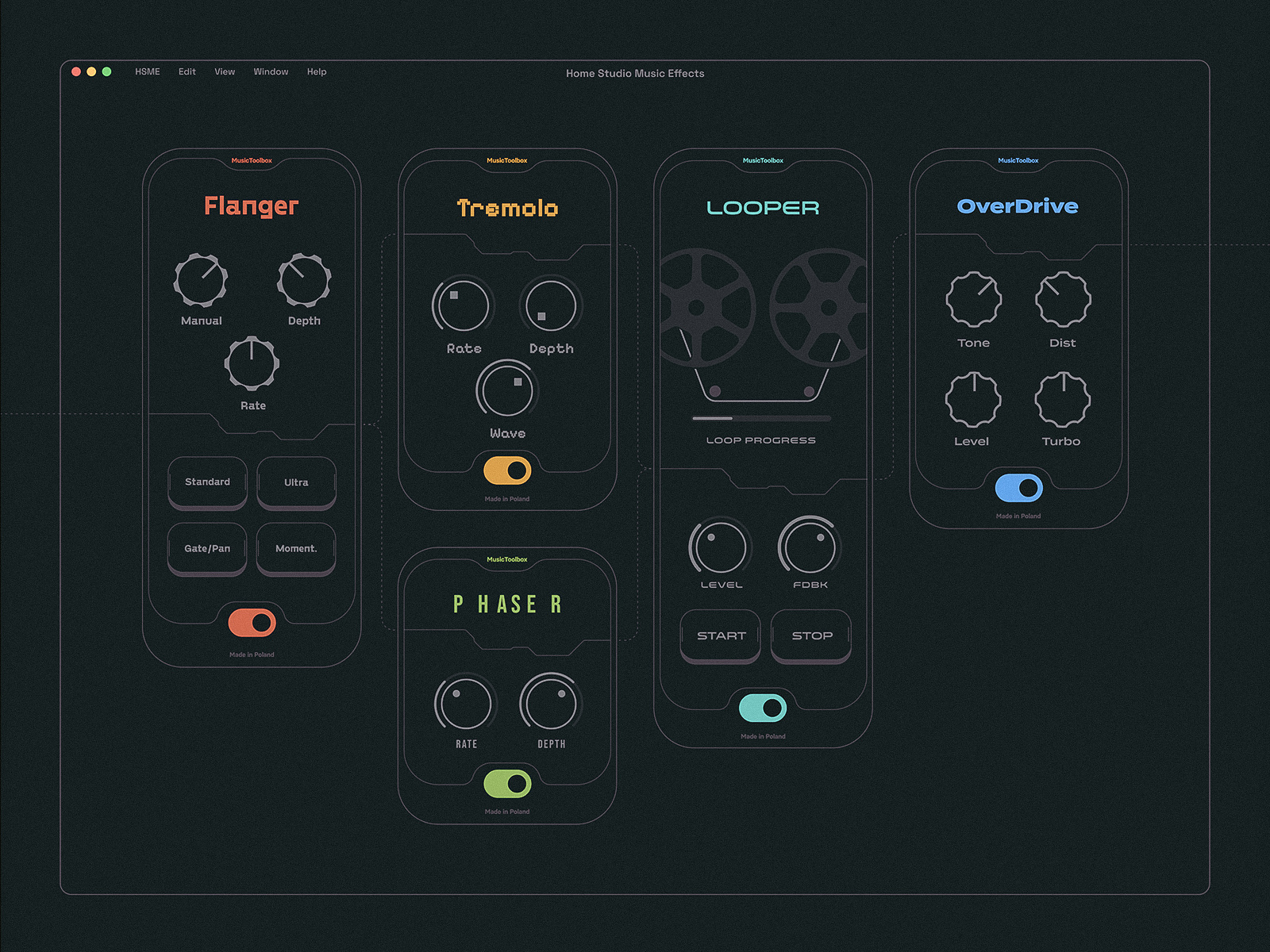 Audio Effects Multi Box App (WIP) audio audio app effects graphic design gui guitar effects knobs music app music gui music ui stomp box switcher ui ux volume