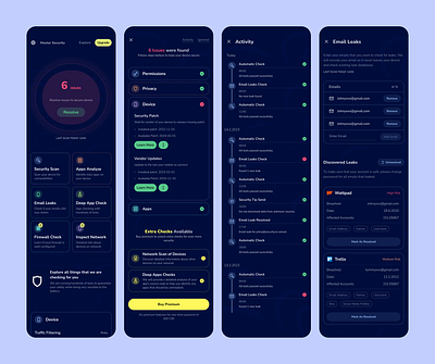 Phone Security: scans settings, apps, network, emails, firewall antivir app design mobile app modern security ui