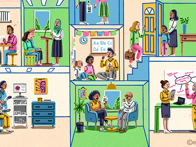 Editorial illustration: Therapy in different settings building conceptual illustration cut away room cutaway cutaway rooms editorial editorial illustration figurative illustration magazine magazine illustration people rooms