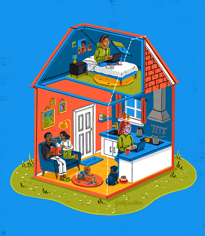 Editorial illustration: Cutaway showing life in a family home conceptual illustration editorial editorial illustration family figurative home cutaway home life house cutaway illustration magazine magazine illustration people room cutaway