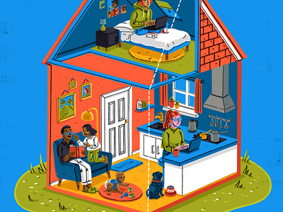 Editorial illustration: Cutaway showing life in a family home conceptual illustration editorial editorial illustration family figurative home cutaway home life house cutaway illustration magazine magazine illustration people room cutaway