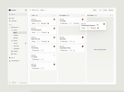Kanban Board in Done.app, Next Gen Project Management SaaS advanced ai ai design animation board crm kanban management project redesign saas startup table tool ui