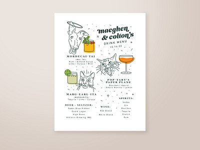 Maeghen & Colton's Drink Menu cocktails illustration pets wedding