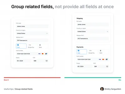 Grouping fields bank details datavisualization digitaldesign digitalproductdesign experience full name group related fields innovativedesign laws of ux payment payments shipping text fields userexperience userinterfacedesign ux basics ux designers ux guide ux laws ux rules