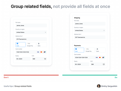 Grouping fields bank details datavisualization digitaldesign digitalproductdesign experience full name group related fields innovativedesign laws of ux payment payments shipping text fields userexperience userinterfacedesign ux basics ux designers ux guide ux laws ux rules