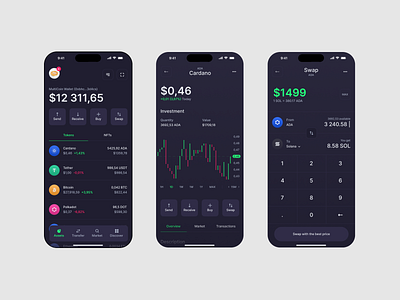 Crypto wallet app blockchain blue crypto cryptocurrency dark earnings graph gray green icons money stocks token tokens ui ux wallet web webdesign website design