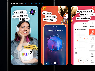 Equalizer+ Music amp & Podcast App Store Screenshots 2024 trends app app store appstore graphic design mobile app multicolor music app ui